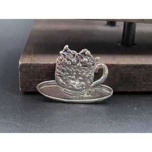 Sterling Silver Cup Of Fruit On A Plate Pin Brooch